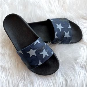 Valentino Garavani Navy Blue and White Star Slide Sandals